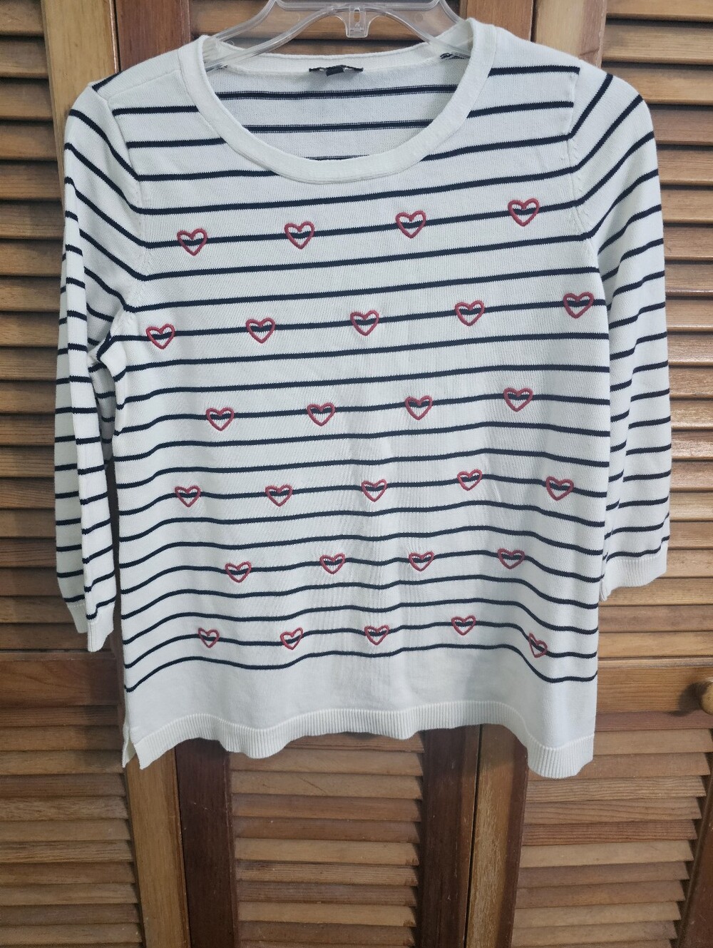 Talbots Hearts & Stripes Crewneck Sweater Red Embroidered Hearts PM